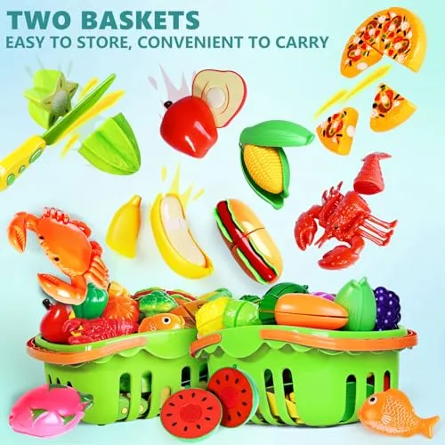 100 PCS Cutting Play Food Toy for Kids Kitchen, Pretend Food Kitchen Toys Accessories with 2 Baskets, Fake Food/Fruit/Vegetable, Christmas Birthday