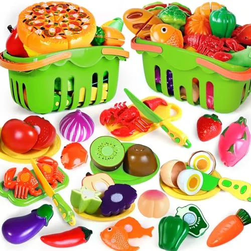 100 PCS Cutting Play Food Toy for Kids Kitchen, Pretend Food Kitchen Toys Accessories with 2 Baskets, Fake Food/Fruit/Vegetable, Christmas Birthday