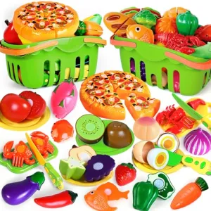 100 PCS Cutting Play Food Toy for Kids Kitchen, Pretend Food Kitchen Toys Accessories with 2 Baskets, Fake Food/Fruit/Vegetable, Christmas Birthday