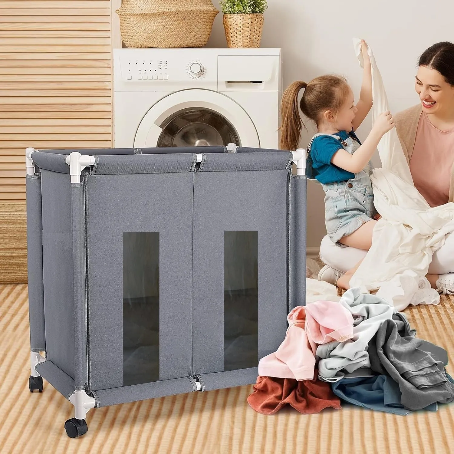 2 Sections Laundry Basket with Wheels Rolling Laundry Hamper With Lid Cover By AK