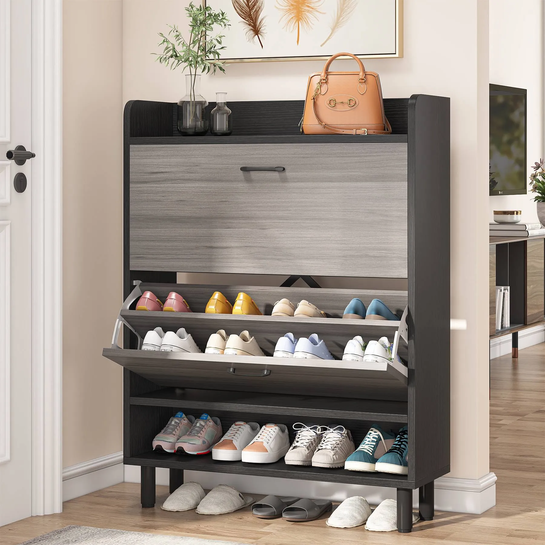 2-Tier Shoe Cabinet Shoe Organizer with Flip Doors & Open Shelves