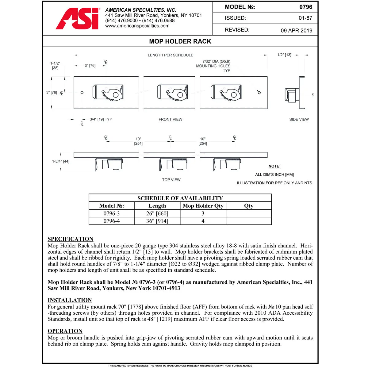 ASI 0796-4 Mop Rack - 4 Holders - 36" - Surface Mounted