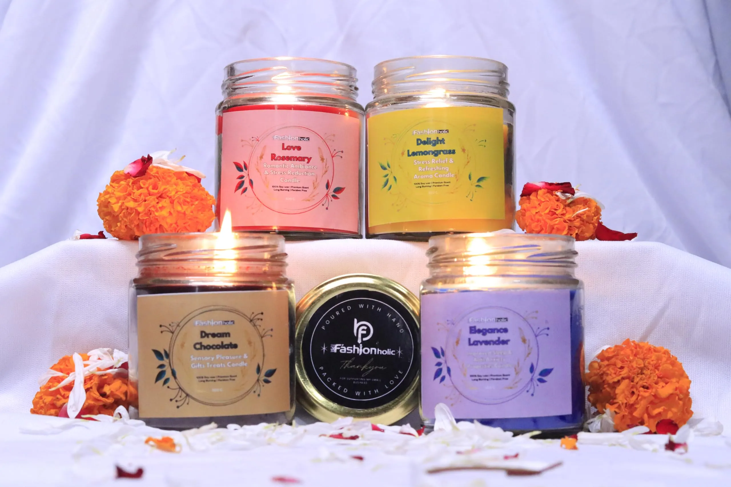 Be Fashionholic Jar Scented Candles Soy Wax 4 X 300gms Each, Scented Aromatic Fragrance of Lavender, Lemongrass, Rose, Chocolate (100% Natural Wax)- Handcrafted, Best Gift & Candles for Home