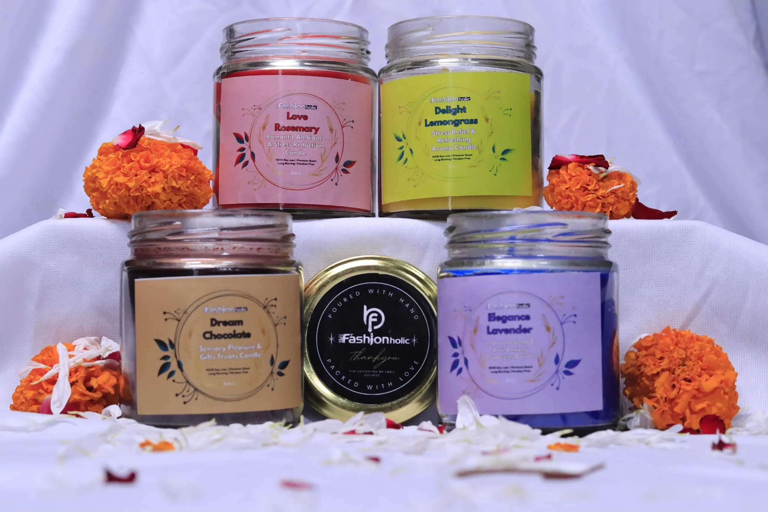 Be Fashionholic Jar Scented Candles Soy Wax 4 X 300gms Each, Scented Aromatic Fragrance of Lavender, Lemongrass, Rose, Chocolate (100% Natural Wax)- Handcrafted, Best Gift & Candles for Home