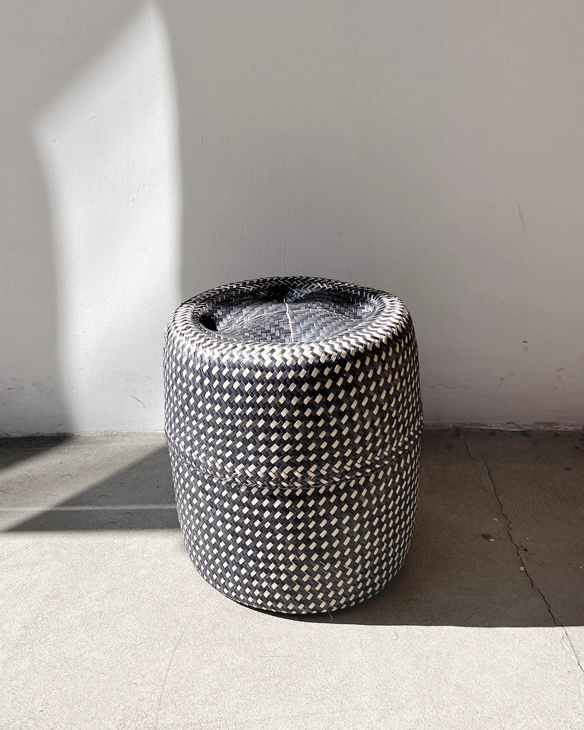 Black and Natural Woven Palm Baskets with Lid