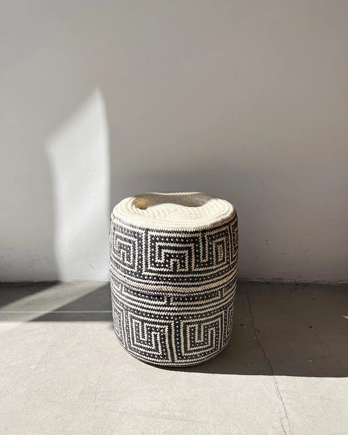 Black and Natural Woven Palm Baskets with Lid