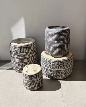 Black and Natural Woven Palm Baskets with Lid