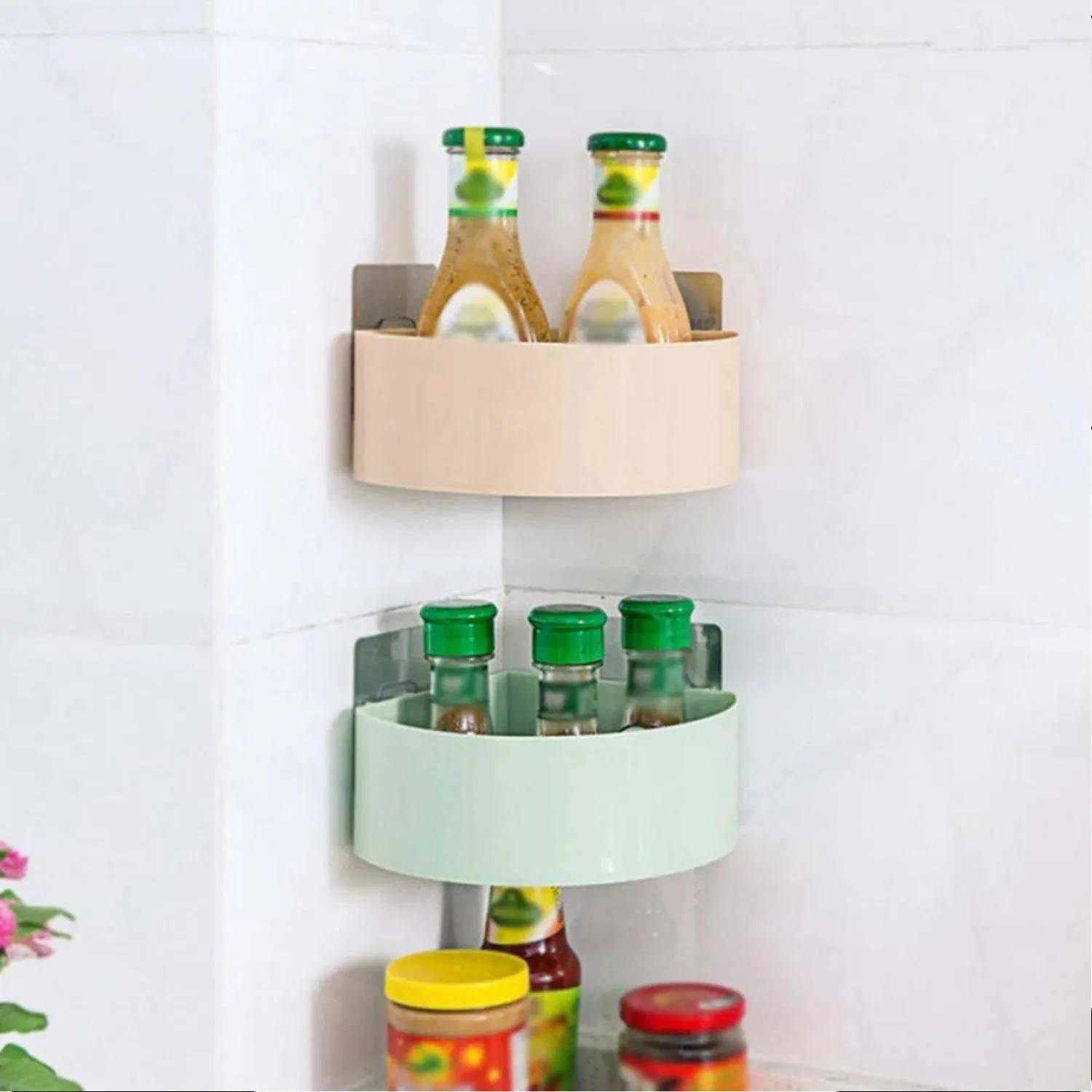 Corner Shelf Bathroom Kitchen Rack Self Adhesive Shower Caddy Plastic Triangle Wall Mount Storage Basket