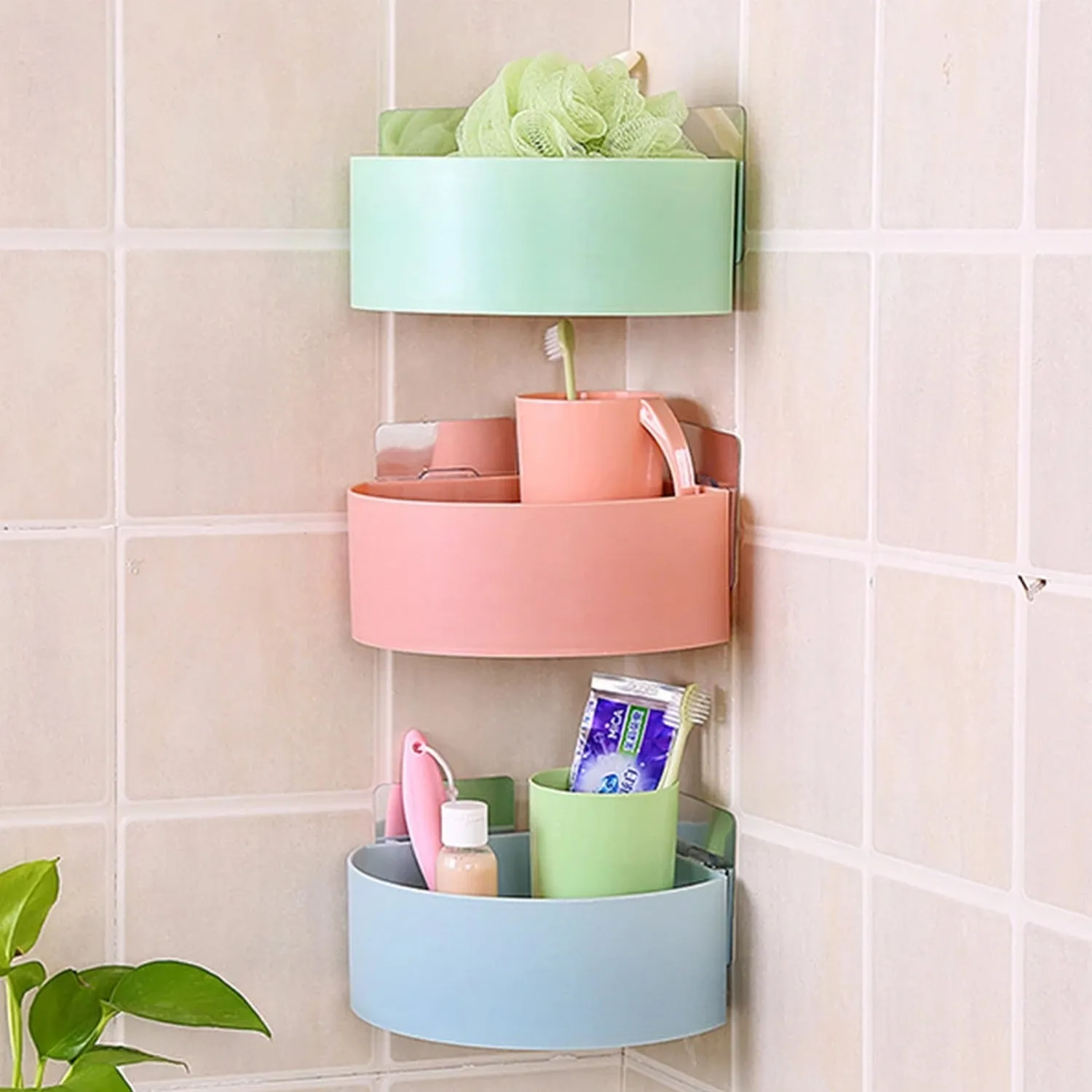 Corner Shelf Bathroom Kitchen Rack Self Adhesive Shower Caddy Plastic Triangle Wall Mount Storage Basket