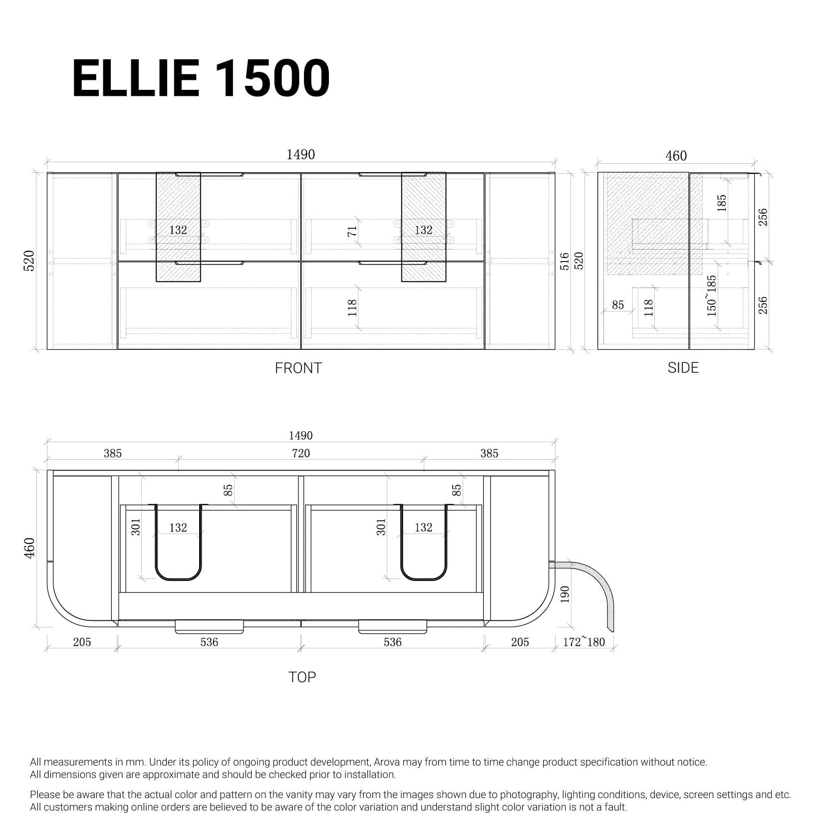 Ellie 1500mm Curved Wall Hung Vanity Double Bowls