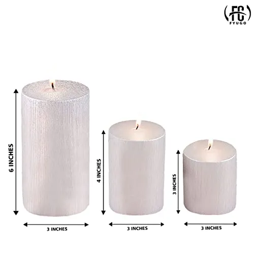 FYUGO Silver Dust Set of 3 Pillar Candles, Spa Candles for Special Occasion, Gifts, Meditation, Home Decor (3 x 3 Inch, 3 x 4 Inch 3 x 6 Inch)