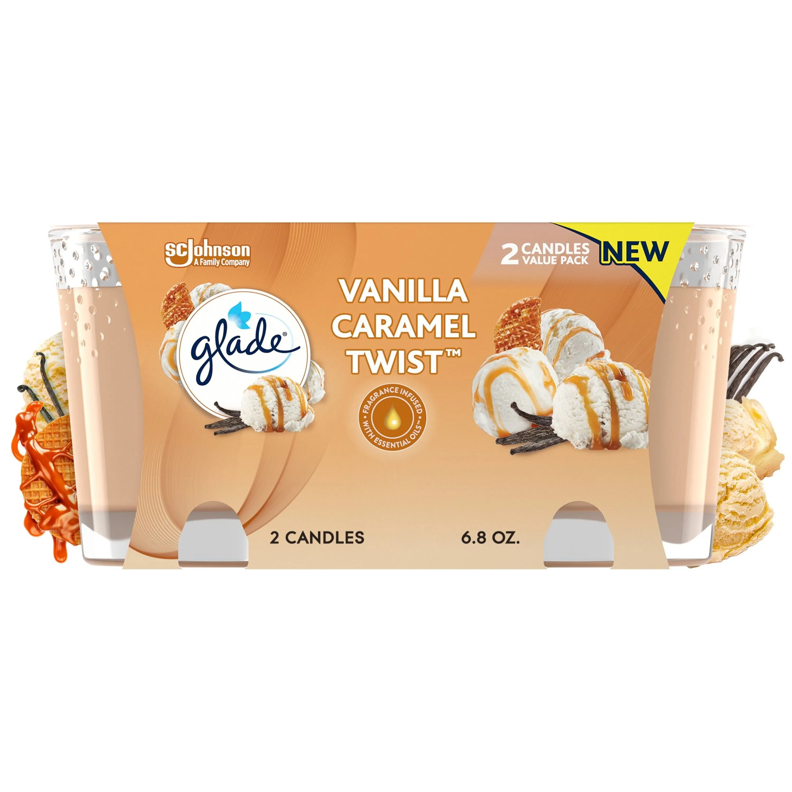 Glade Small Twin Candle, Scented Candles, Vanilla Caramel Twist, 3.4 oz, Pack of 2