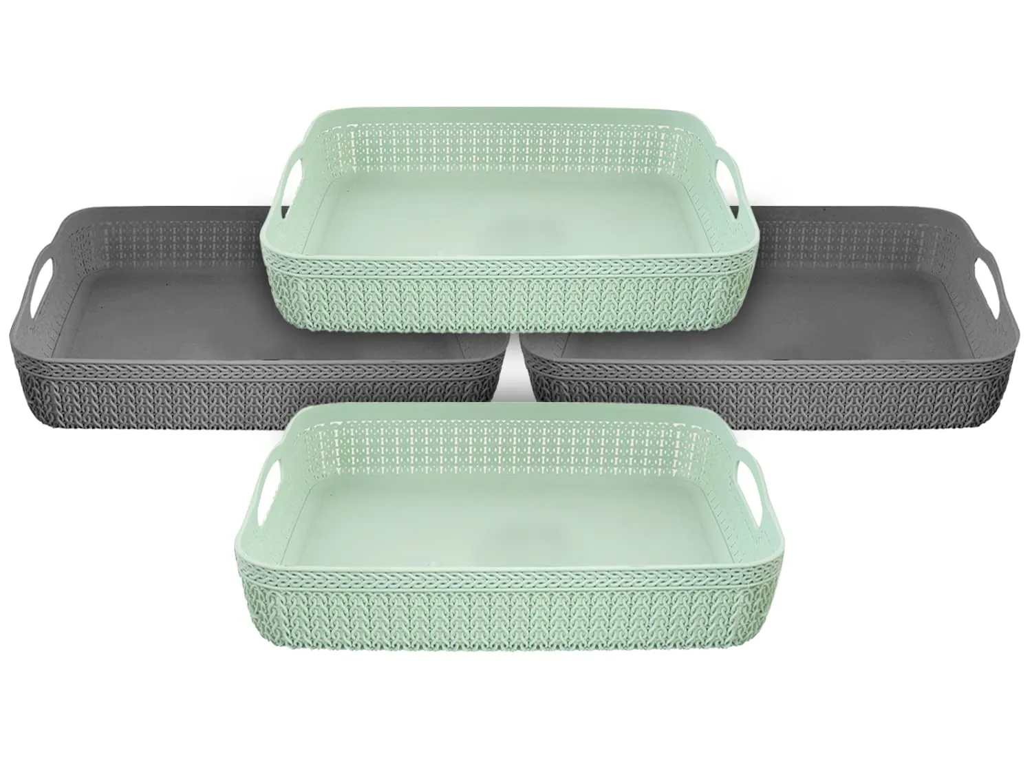 Heart Home Q-3 Multiuses Designer Unbreakable Plastic Storage Basket/Organizer/Bin For Home, Kitchen, Bathroom, Office Use Pack of 4 (Green & Grey)-50HH01545