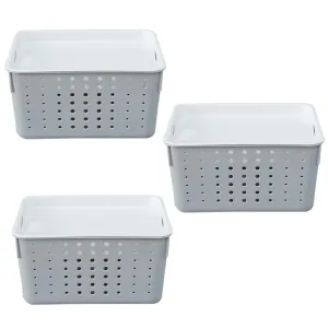 Kuber Industries Multipurpose Small Storage Basket with Lid|Dotted Design Storage Organizer|Basket For Cosmetic, Fruits, Assesories|Pack of 3|Grey|