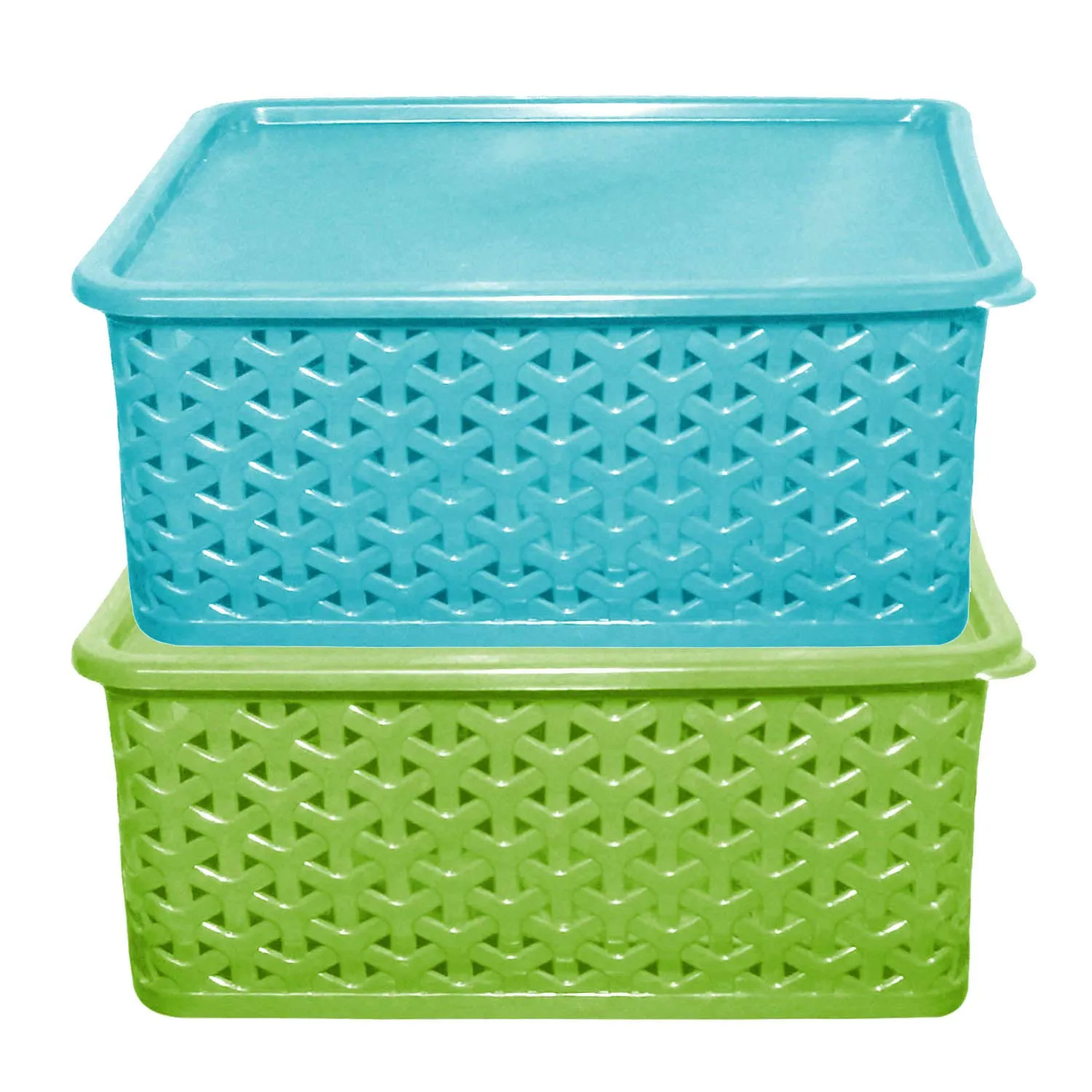 Kuber Industries Plastic 2 Pieces Small Size Multipurpose Solitaire Rectangular Storage Basket With Lid (Multi)