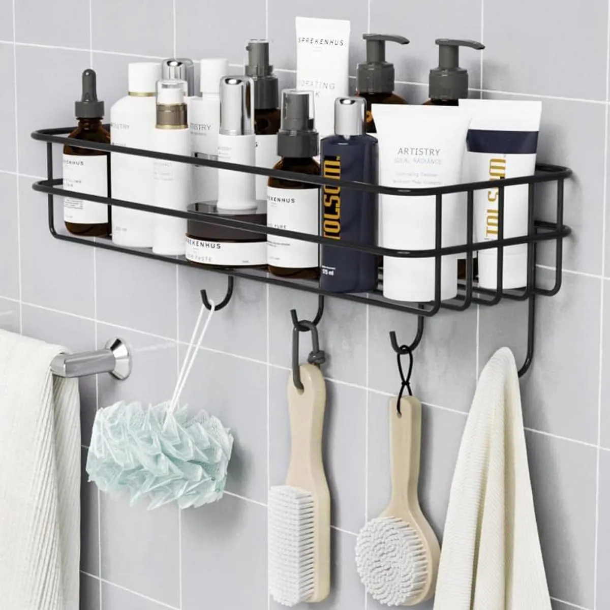 Oslen Wall Mounted GI Steel Self-Adhesive Bathroom Shelf with Hooks, Towel Holder and Rack - Wall-Mounted Bathroom Accessories Organizer in Sleek Black Powder Coating (Pack of 1)