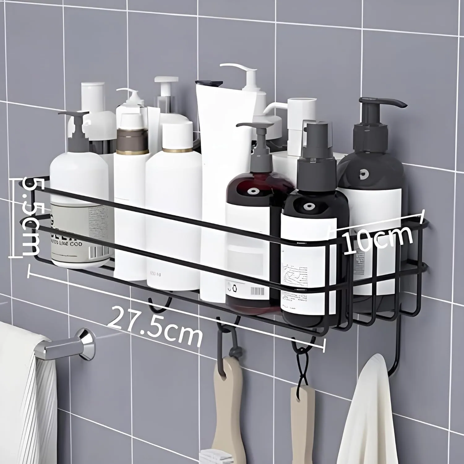 Oslen Wall Mounted GI Steel Self-Adhesive Bathroom Shelf with Hooks, Towel Holder and Rack - Wall-Mounted Bathroom Accessories Organizer in Sleek Black Powder Coating (Pack of 1)