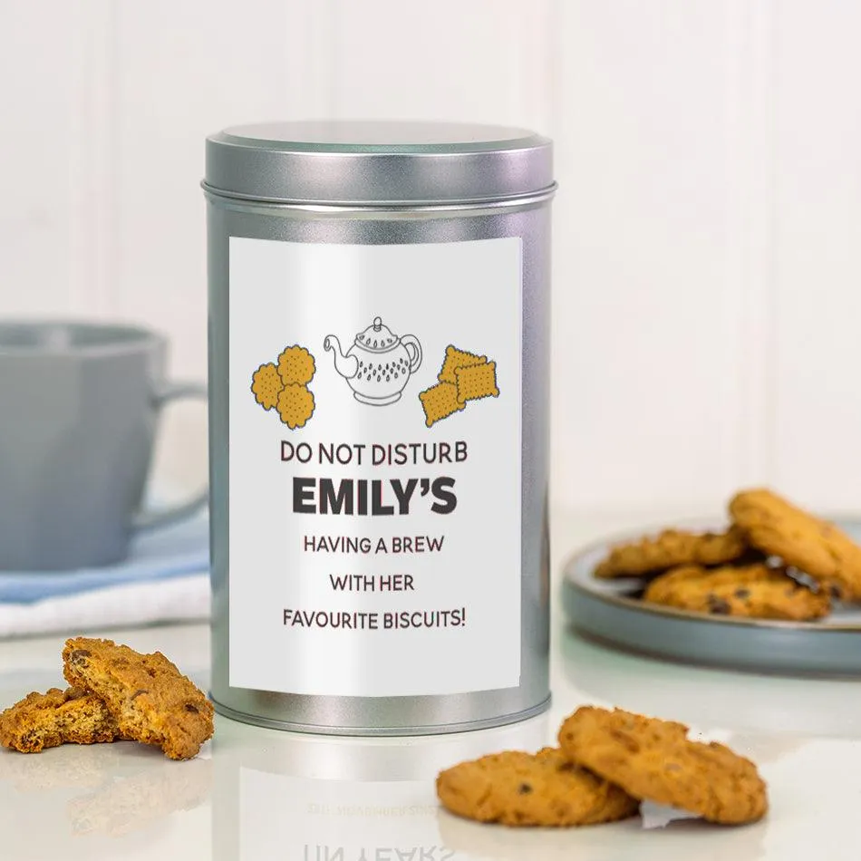 Personalised Having A Brew Tin with a Dozen Biscuits