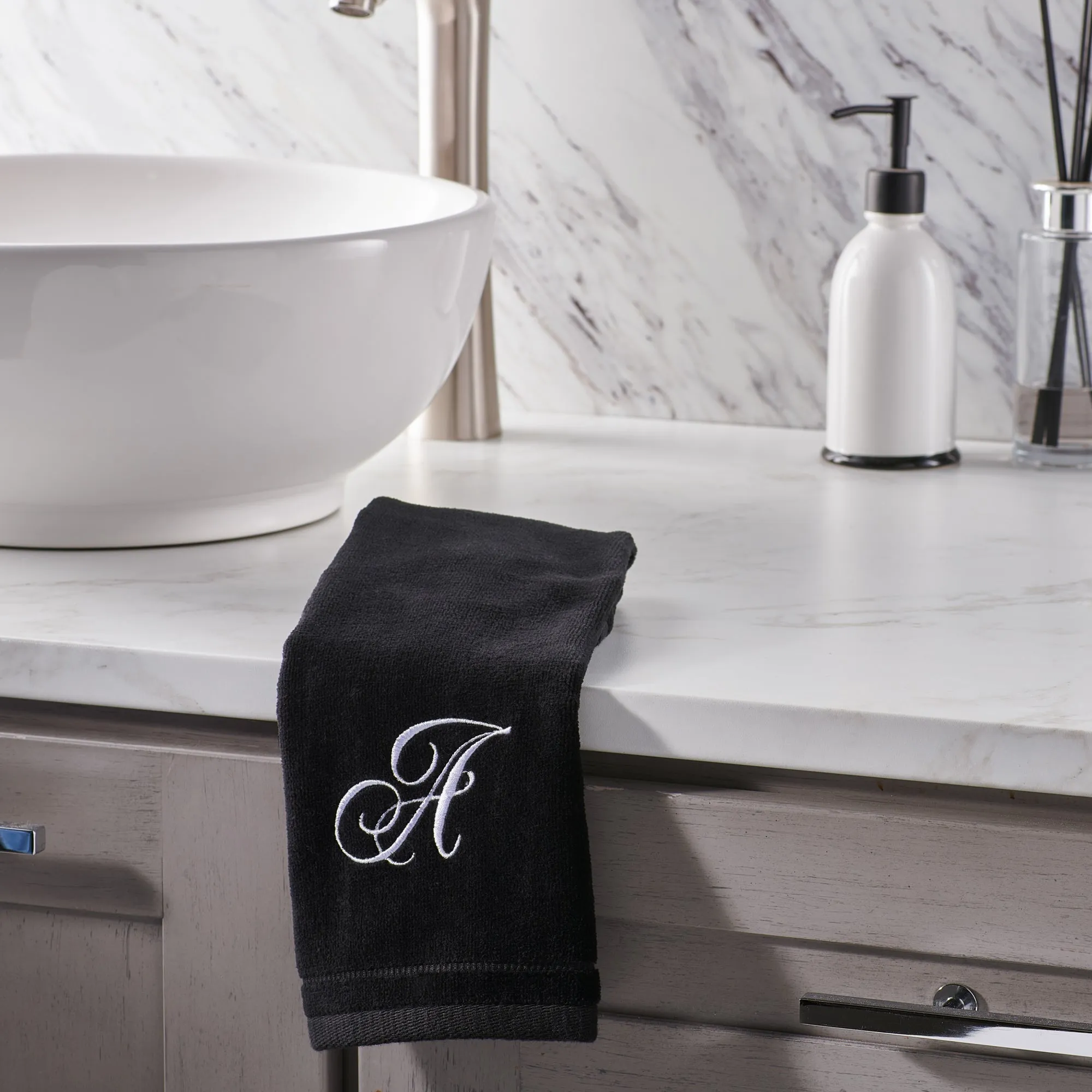 Set of 2 Black Monogrammed Towel - White Embroidered - Initial H (Wholesale)