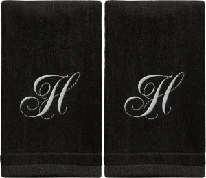 Set of 2 Black Monogrammed Towel - White Embroidered - Initial H (Wholesale)