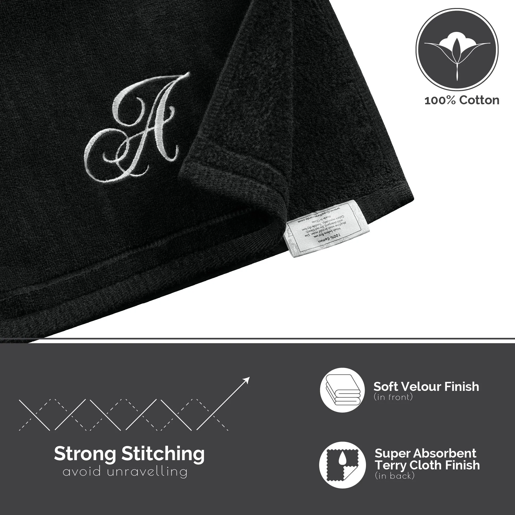 Set of 2 Black Monogrammed Towel - White Embroidered - Initial H (Wholesale)