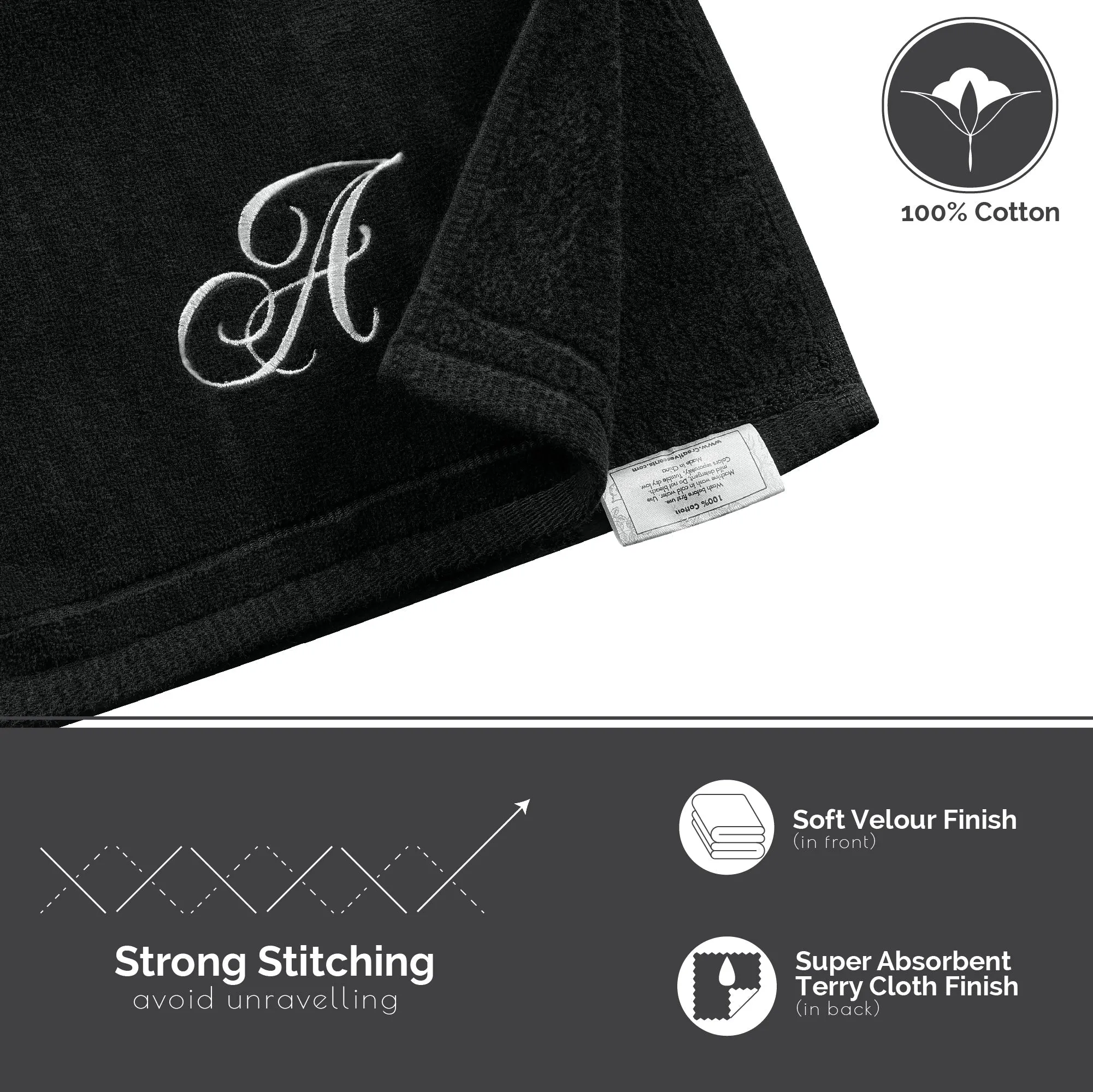 Set of 2 Black Monogrammed Towel - White Embroidered - Initial I