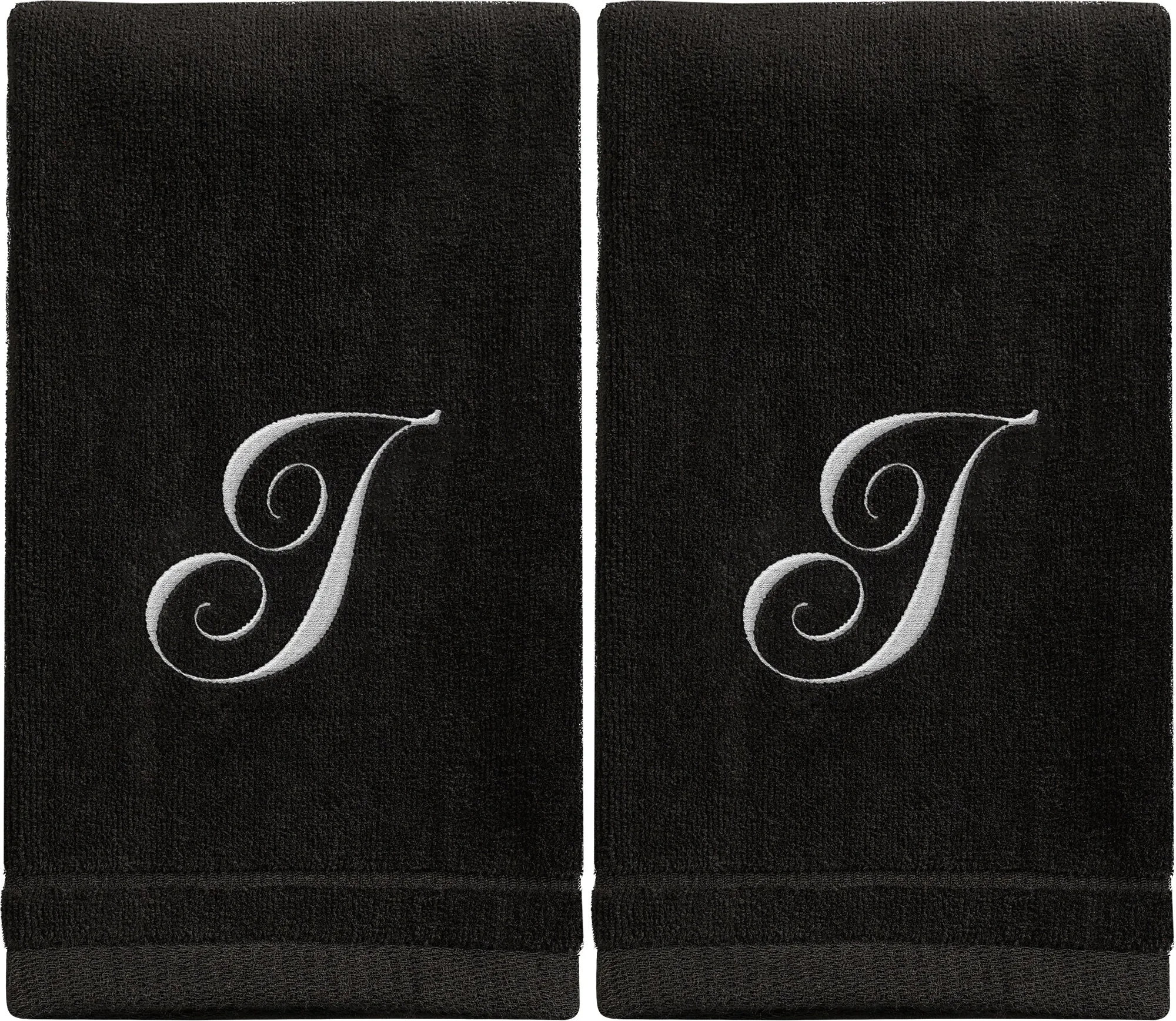 Set of 2 Black Monogrammed Towel - White Embroidered - Initial I