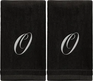 Set of 2 Black Monogrammed Towel - White Embroidered - Initial O (Wholesale)