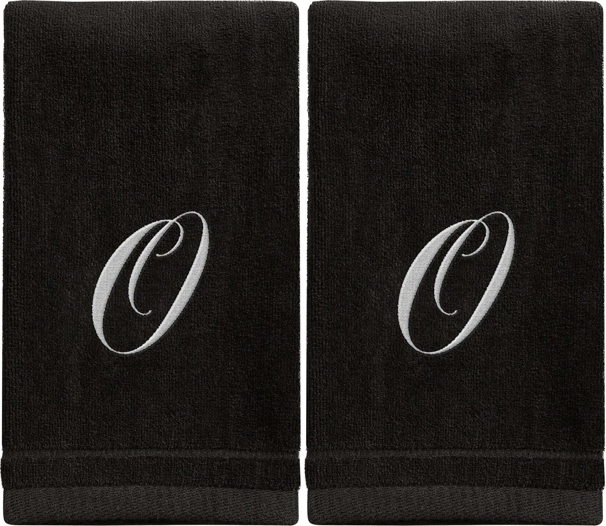 Set of 2 Black Monogrammed Towel - White Embroidered - Initial O (Wholesale)