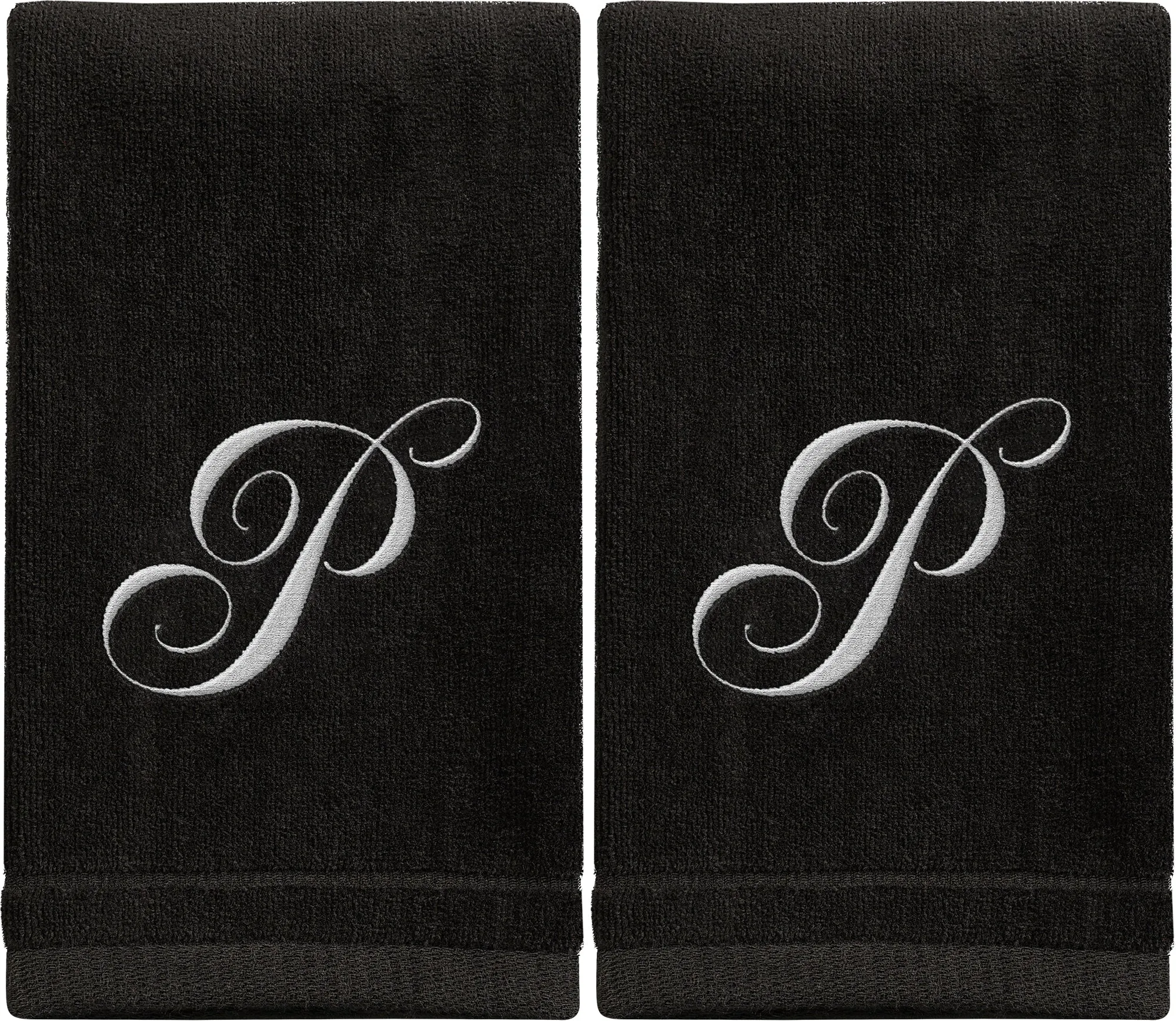 Set of 2 Black Monogrammed Towel - White Embroidered - Initial P (Wholesale)