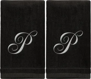 Set of 2 Black Monogrammed Towel - White Embroidered - Initial P (Wholesale)