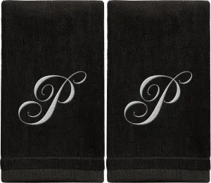 Set of 2 Black Monogrammed Towel - White Embroidered - Initial P