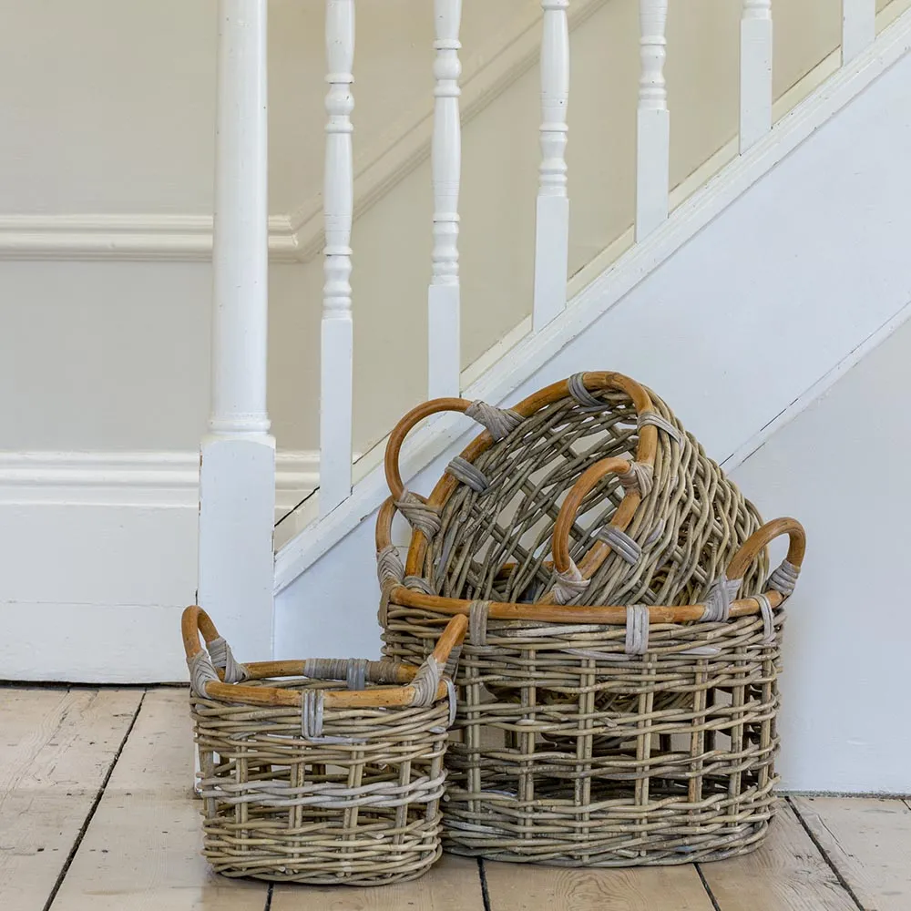 Set of Three Round Kubu Rattan Storage Baskets