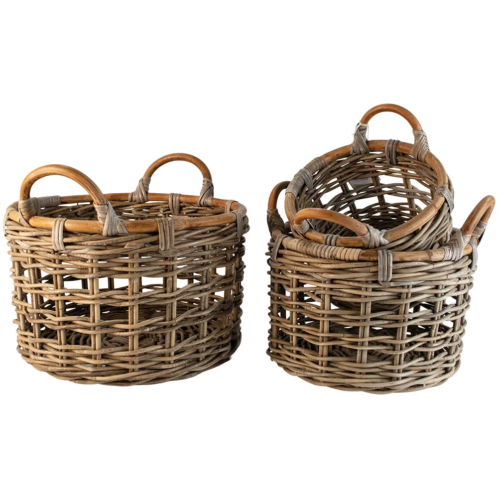 Set of Three Round Kubu Rattan Storage Baskets