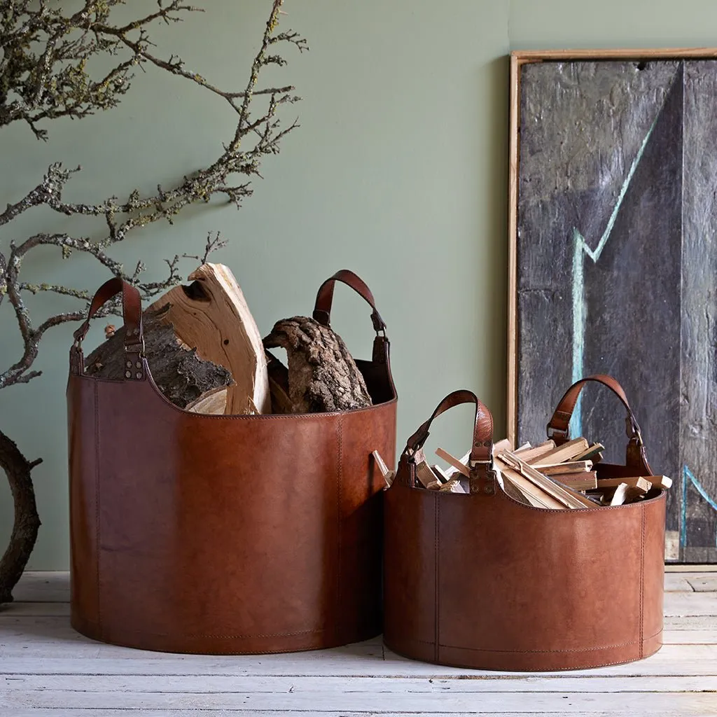 Set Of Two Leather Baskets For Logs & Kindling