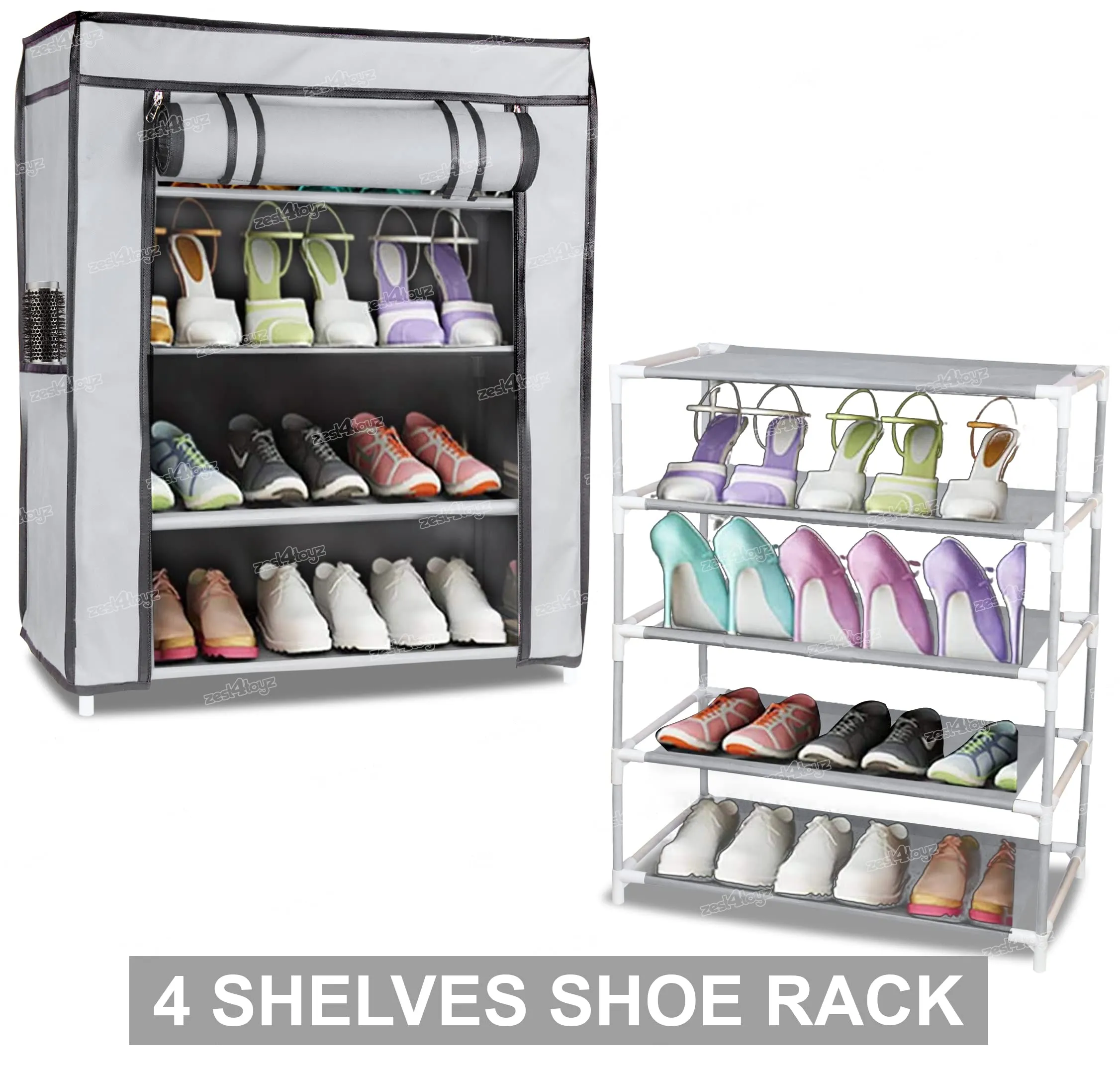 Zest 4 Toyz 6 Shelves Shoe Rack Cabinet Zip Door Cover Side Pockets Collapsible Shoes Shelf/Shoerack Multiuse Storage Organizer for Footwear Toys Clothes(Non Woven Fabric) Grey