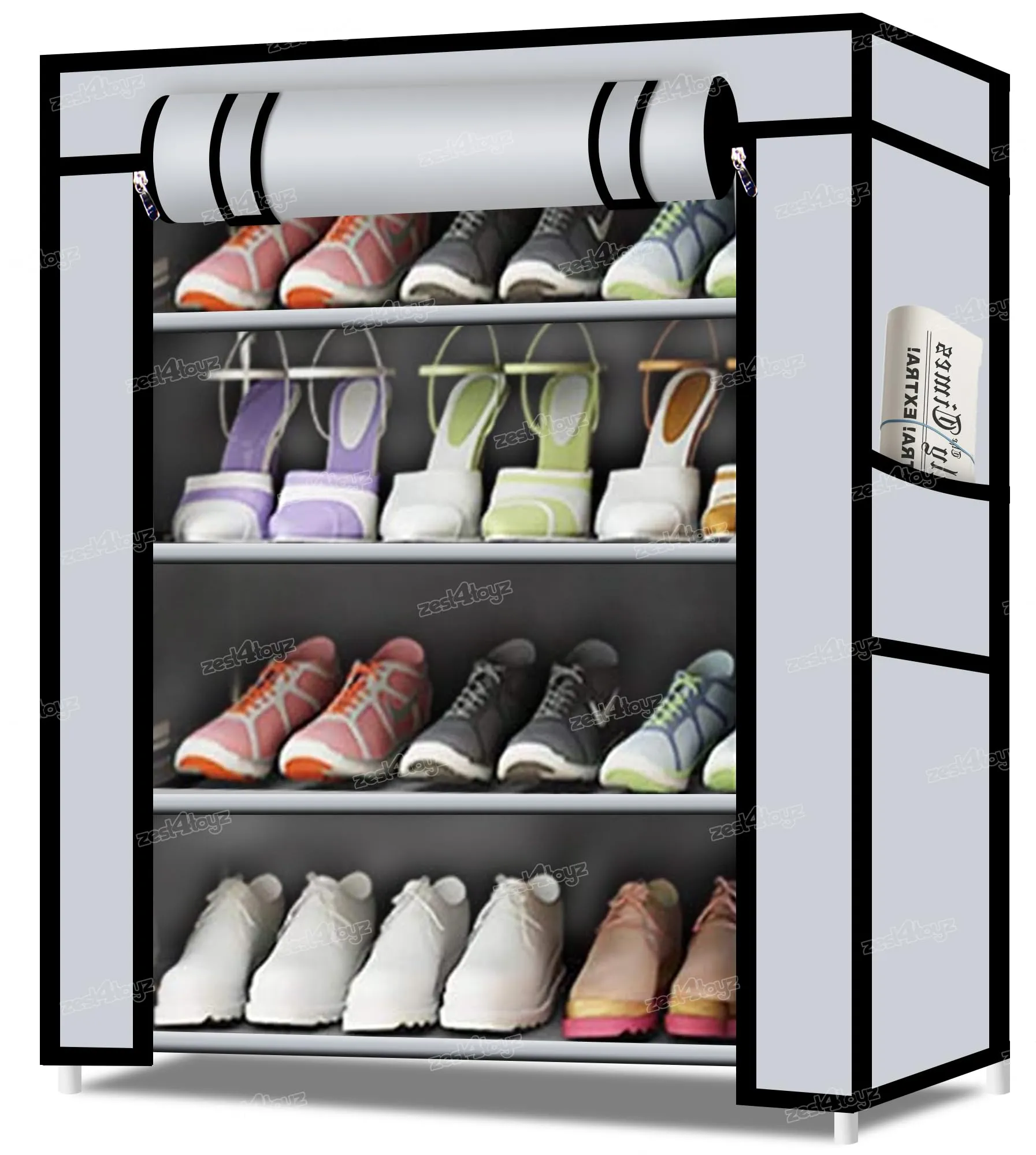 Zest 4 Toyz 6 Shelves Shoe Rack Cabinet Zip Door Cover Side Pockets Collapsible Shoes Shelf/Shoerack Multiuse Storage Organizer for Footwear Toys Clothes(Non Woven Fabric) Grey